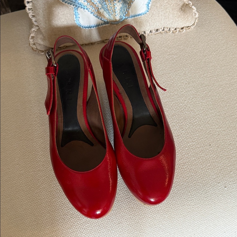 Marni Red Payent Leather Slingback Heels sz 37 (fits 6.5 & 7(more tightly))